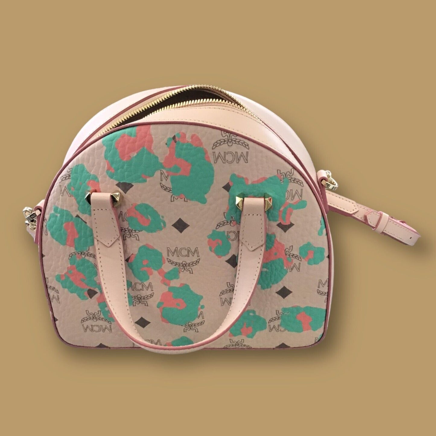 RESALE MCM Mini Aren Half Moon Pink Floral Leopard Tote Bag With Dust Bag