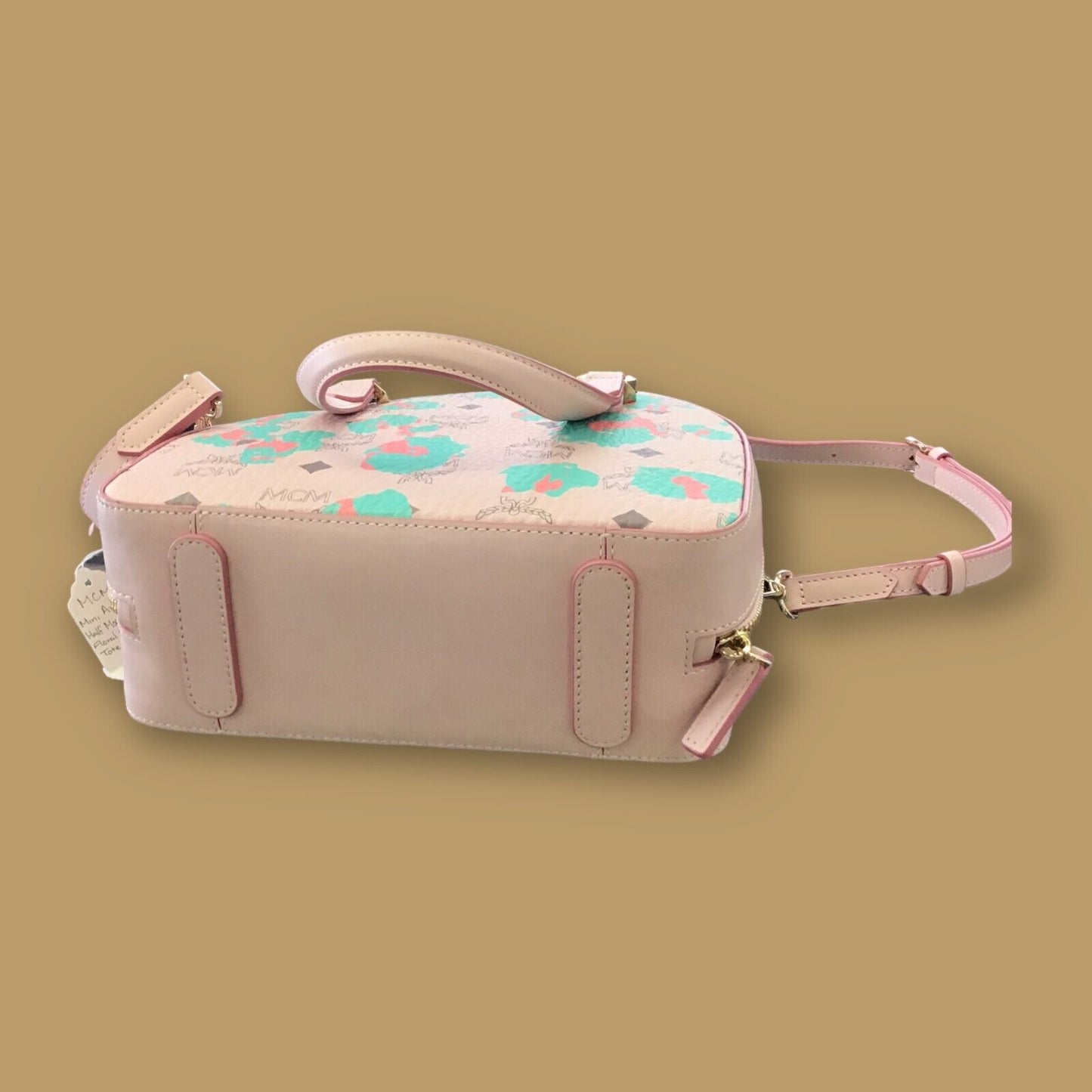 RESALE MCM Mini Aren Half Moon Pink Floral Leopard Tote Bag With Dust Bag