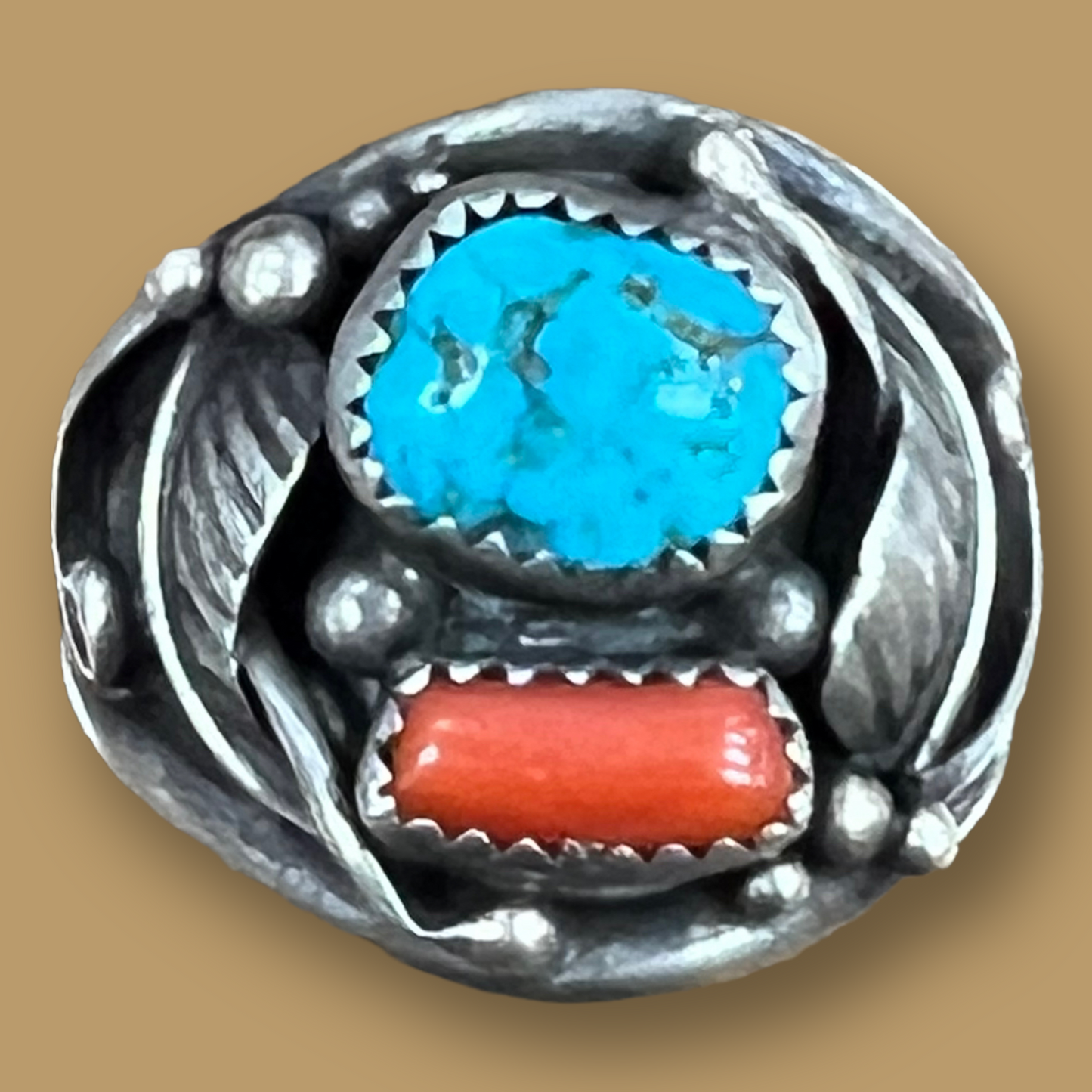 RESALE Large Sterling Silver Ring with Turquoise and Coral by Tommie Secatero