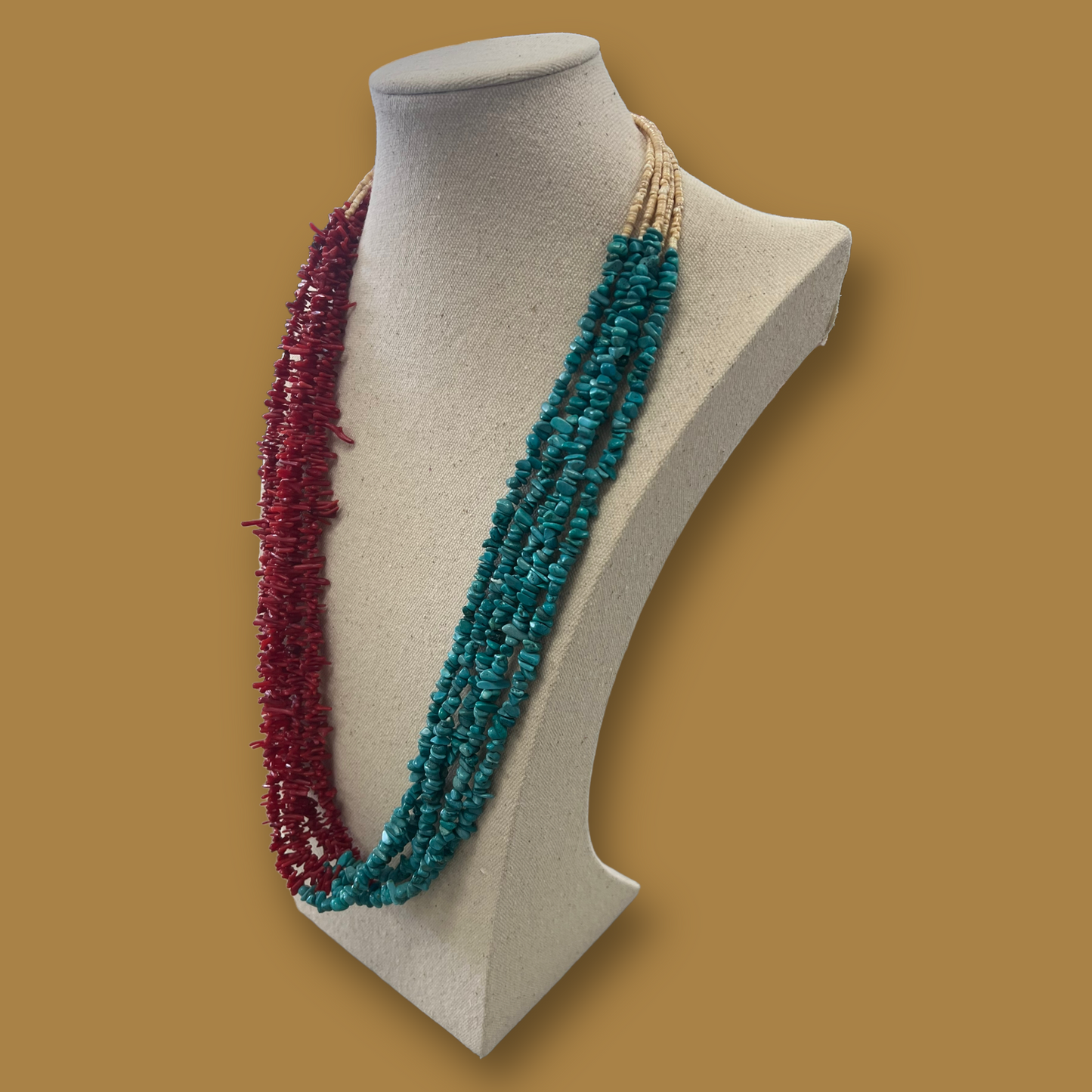 RESALE Five Strand Heishi and Half Coral Half Turquoise Native Necklace with Squaw Wrap