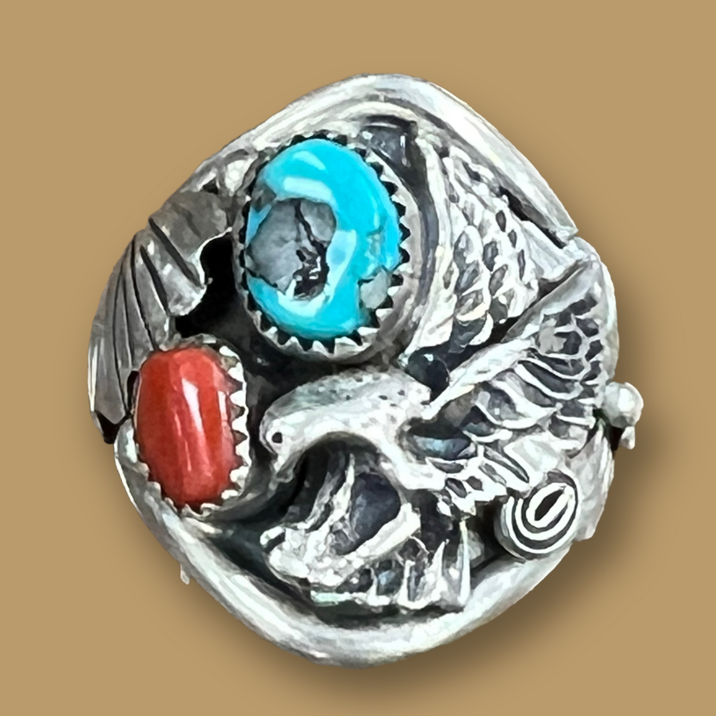 RESALE Large Sterling Silver Eagle Appliqué Ring with Coral and Turquoise