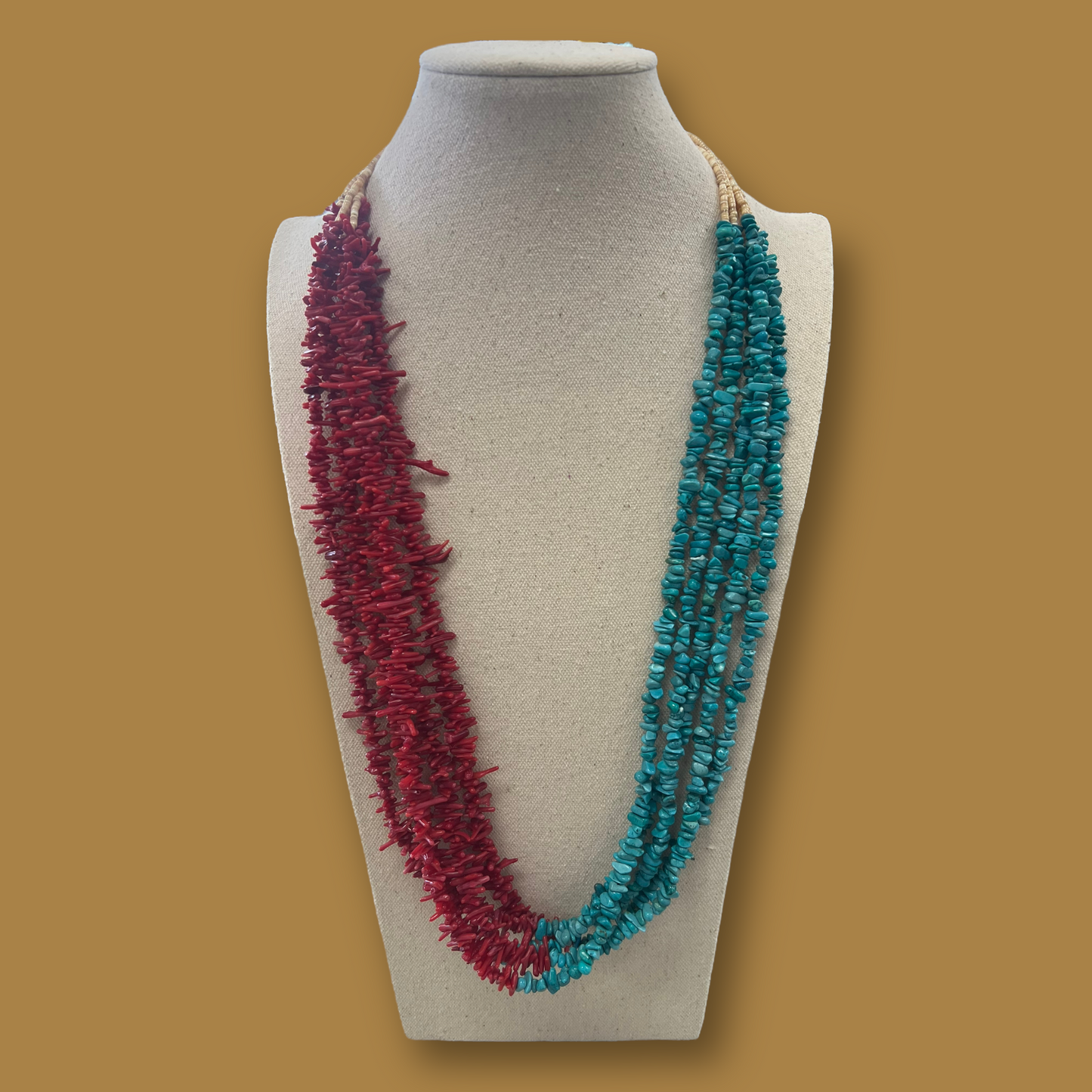 RESALE Five Strand Heishi and Half Coral Half Turquoise Native Necklace with Squaw Wrap