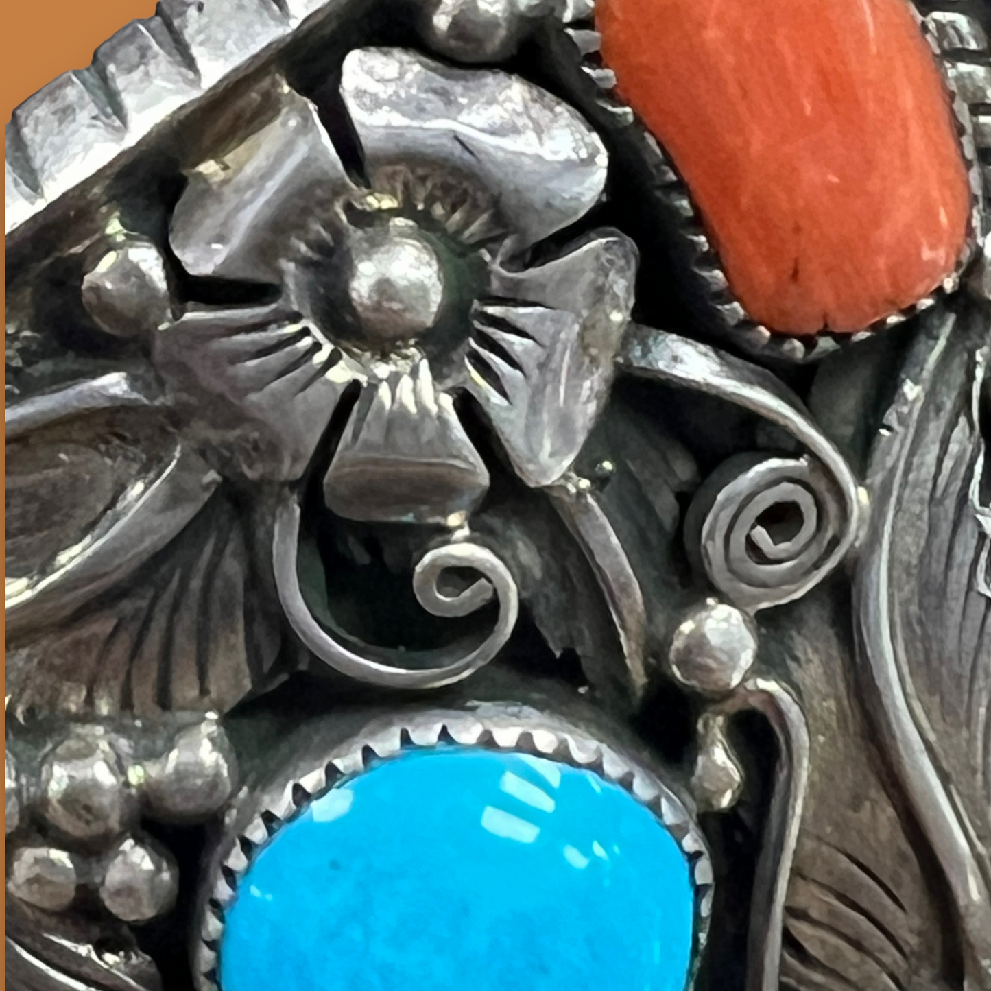 RESALE Large Half Inlay and Half Floral Appliqué Sterling Silver Cuff, Signed MB