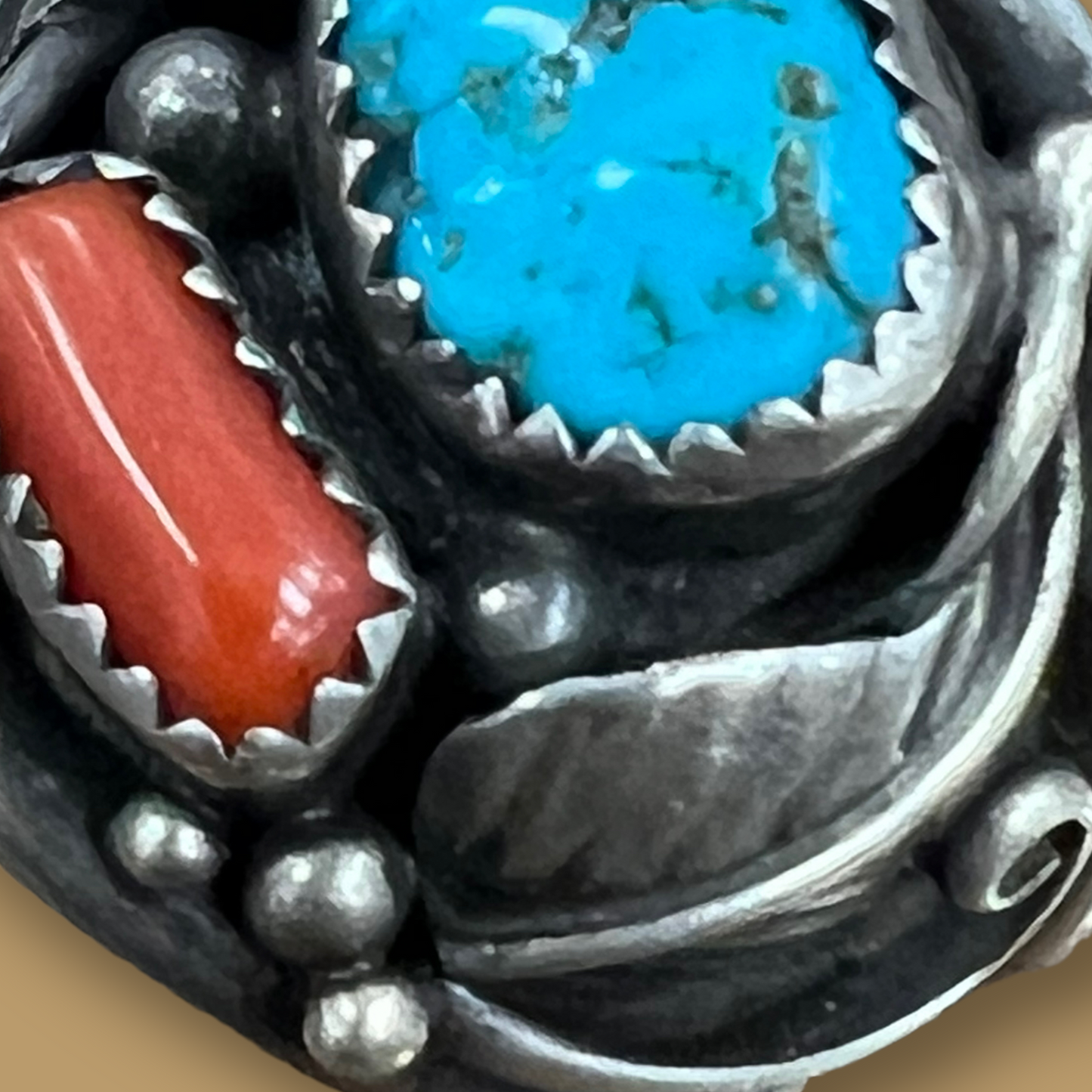 RESALE Large Sterling Silver Ring with Turquoise and Coral by Tommie Secatero