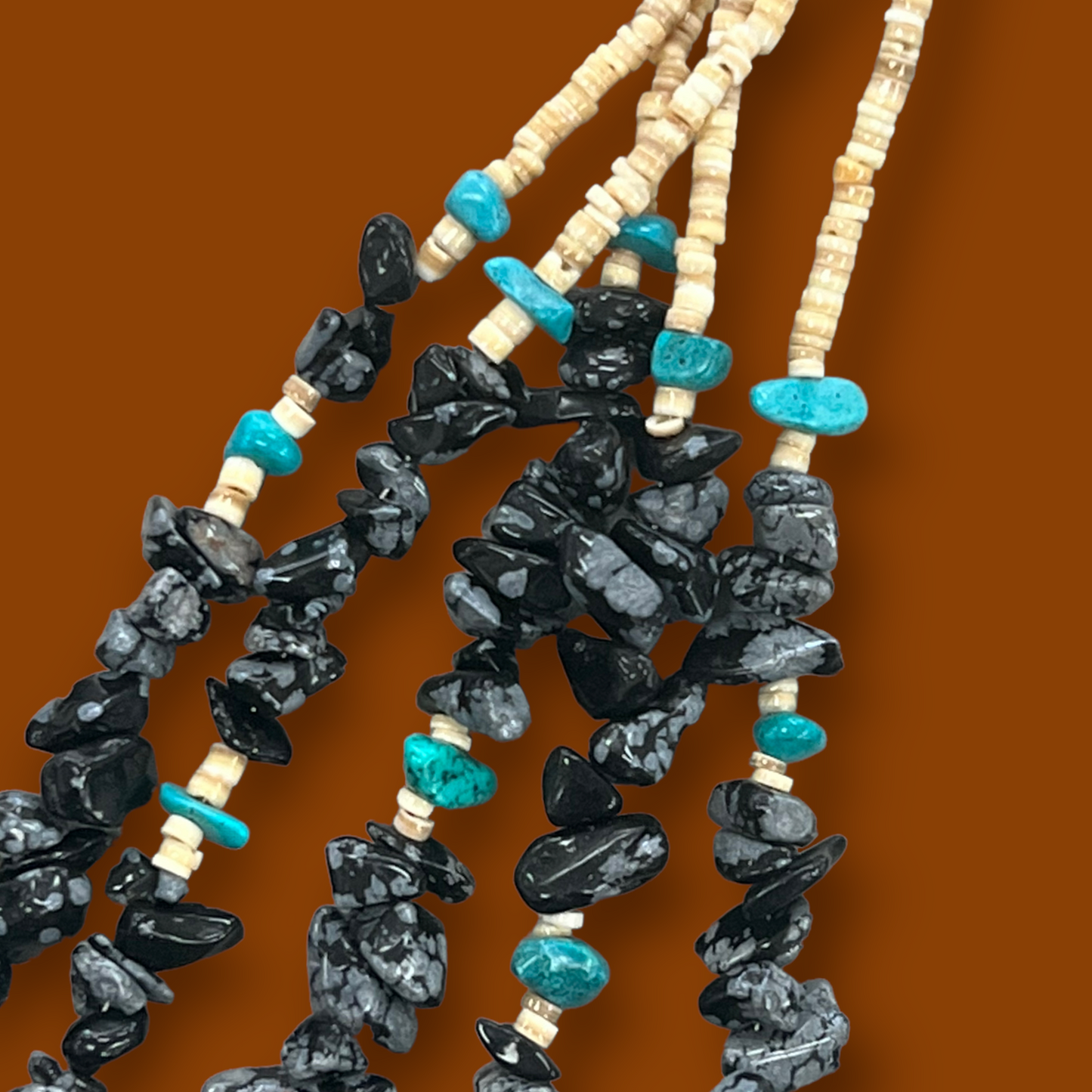 RESALE Five Strand Heishi, Obsidian, and Turquoise Native Necklace with Squaw Wrap