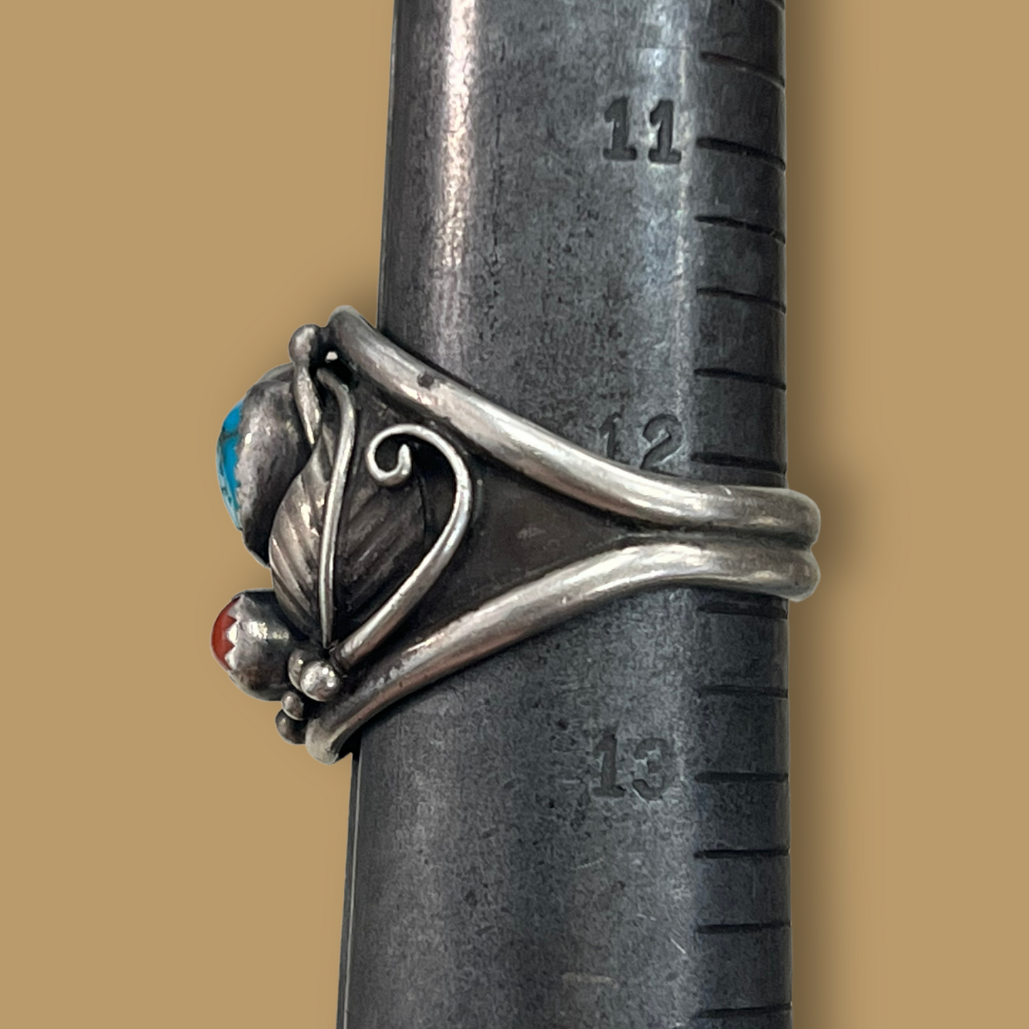 RESALE Large Sterling Silver Ring with Turquoise and Coral by Tommie Secatero
