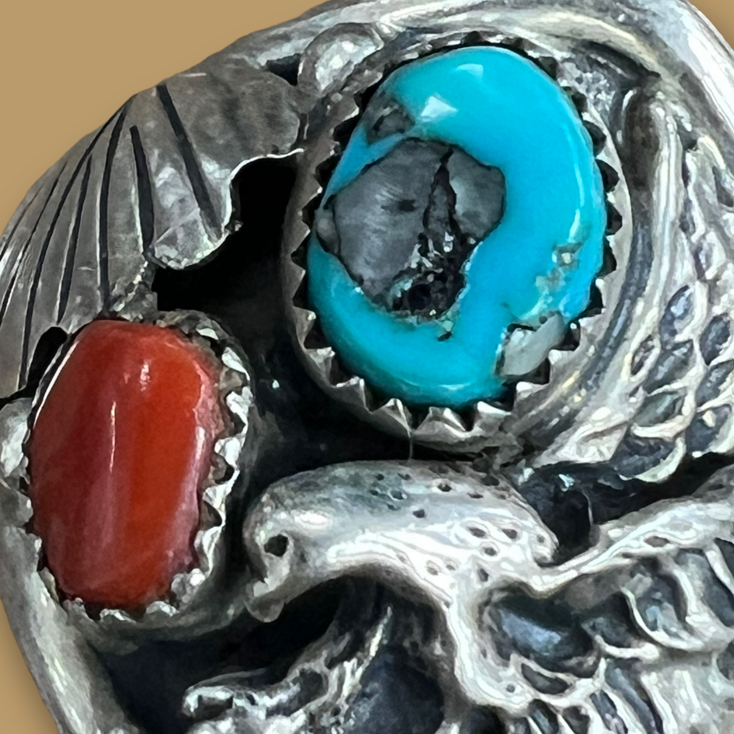 RESALE Large Sterling Silver Eagle Appliqué Ring with Coral and Turquoise