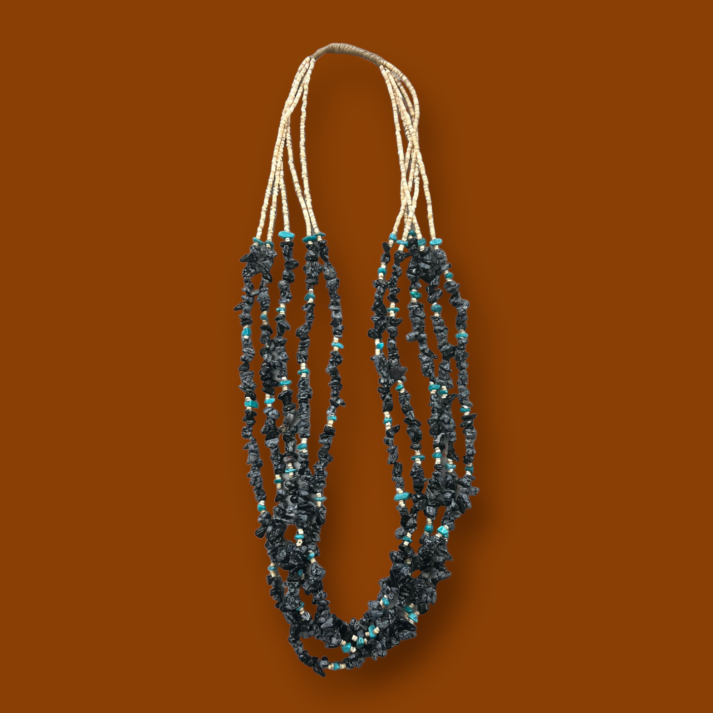 RESALE Five Strand Heishi, Obsidian, and Turquoise Native Necklace with Squaw Wrap