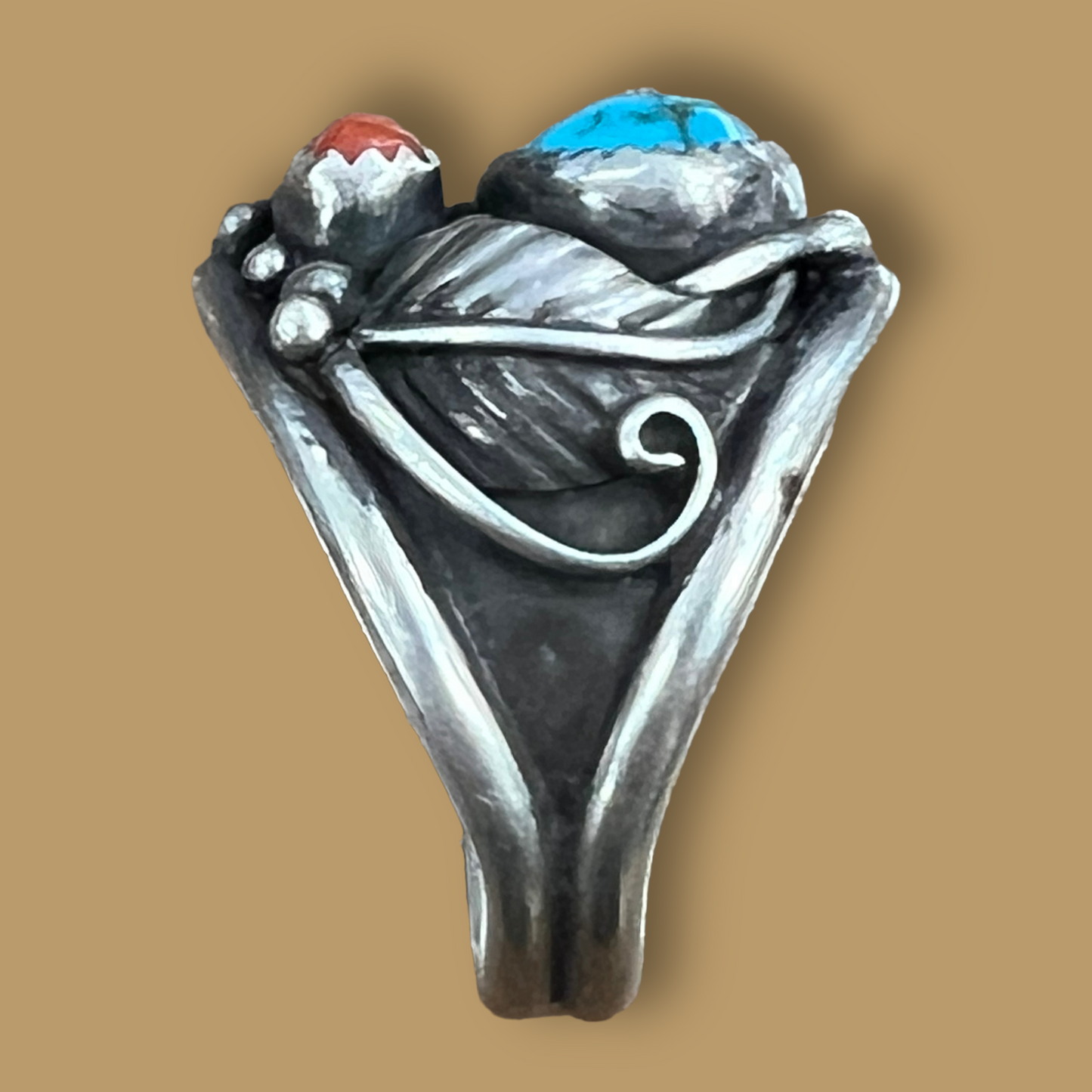 RESALE Large Sterling Silver Ring with Turquoise and Coral by Tommie Secatero