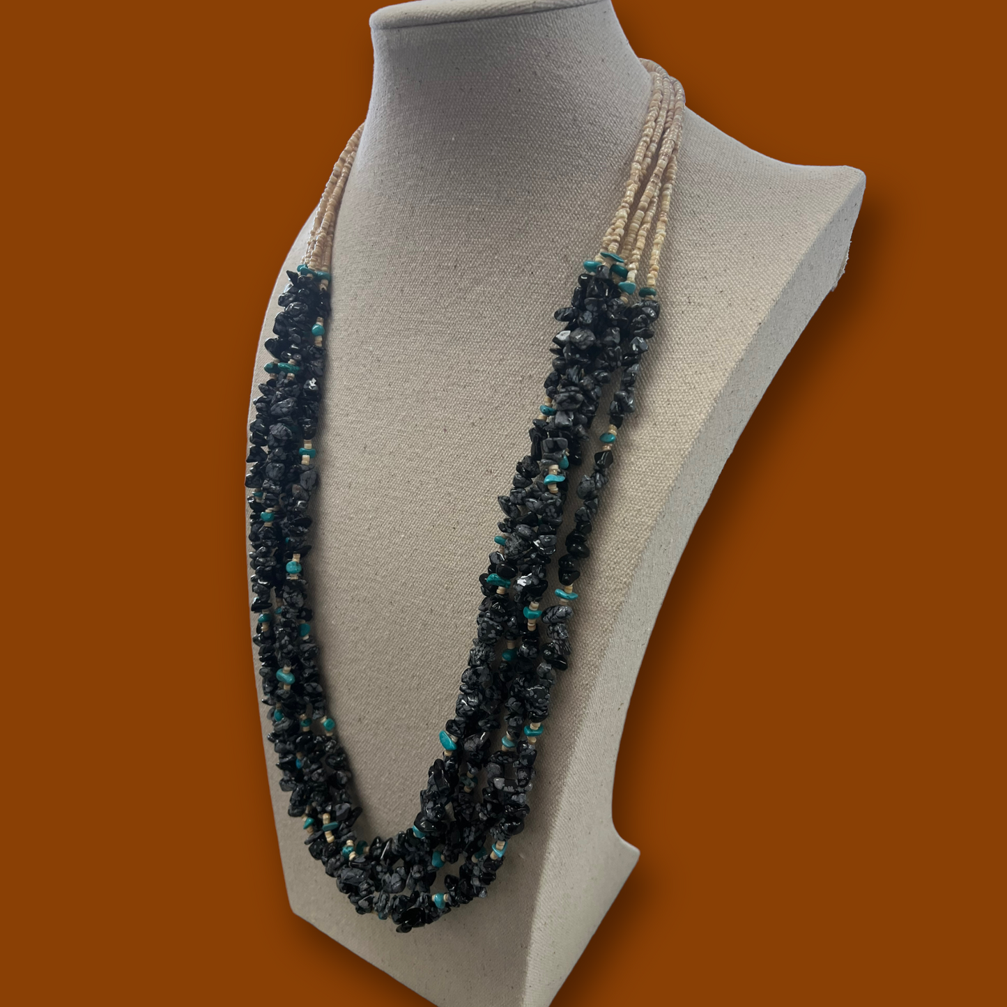 RESALE Five Strand Heishi, Obsidian, and Turquoise Native Necklace with Squaw Wrap