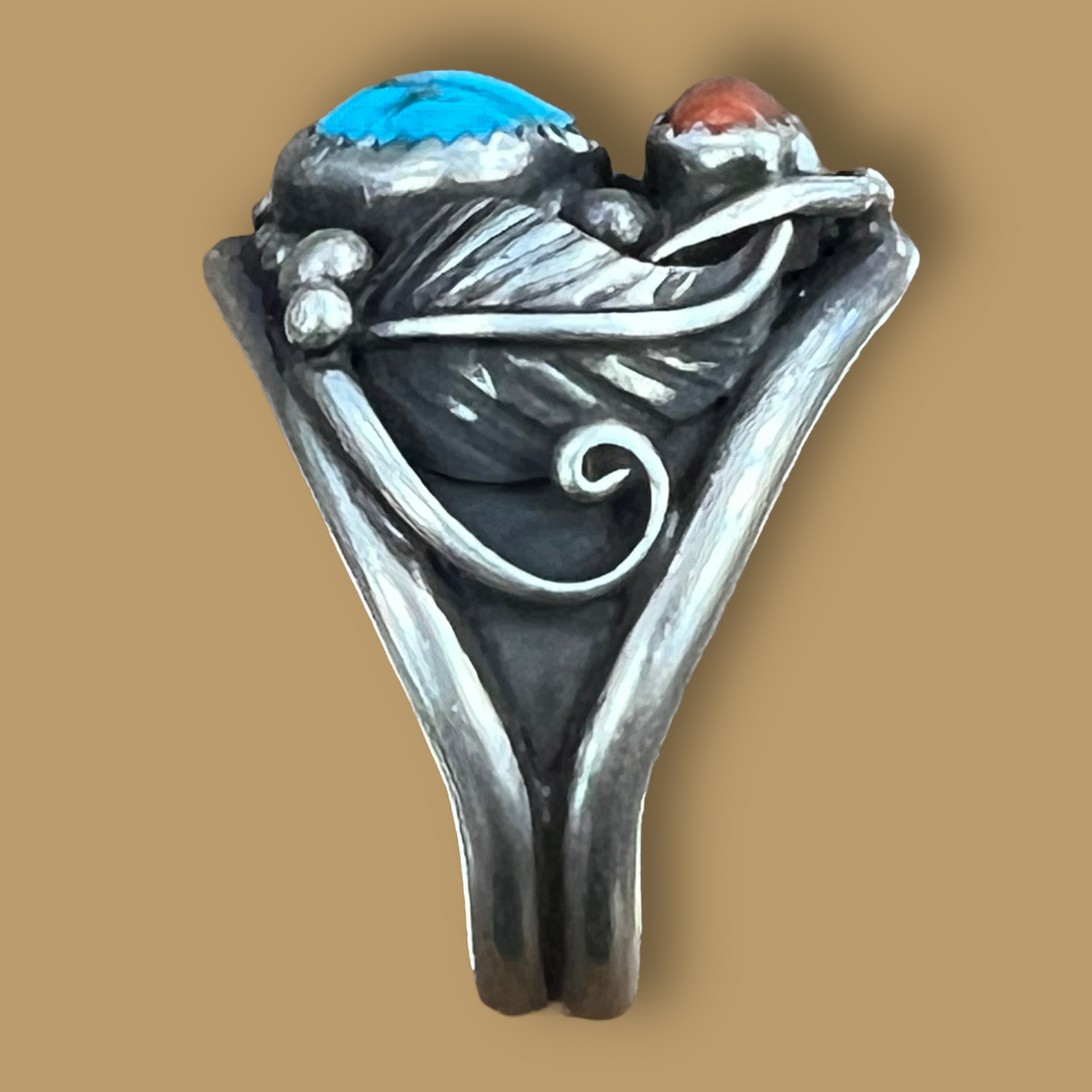 RESALE Large Sterling Silver Ring with Turquoise and Coral by Tommie Secatero
