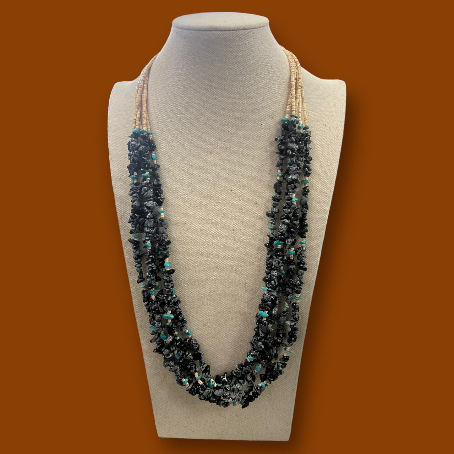 RESALE Five Strand Heishi, Obsidian, and Turquoise Native Necklace with Squaw Wrap