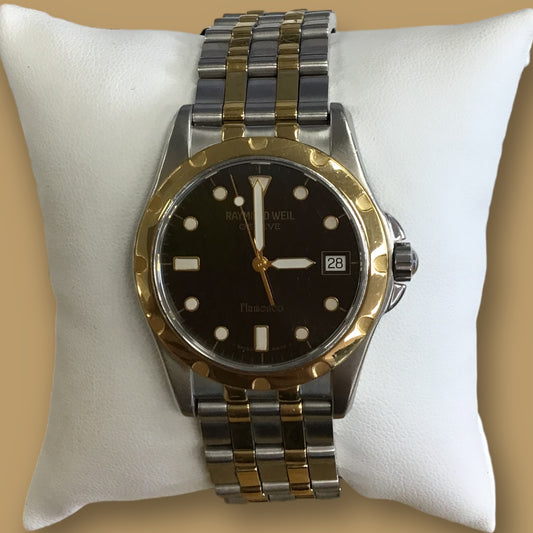 RESALE Raymond Weil Flamenco 5570 Mens Two Toned Stainless Steel Black Dial Watch