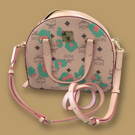 RESALE MCM Mini Aren Half Moon Pink Floral Leopard Tote Bag With Dust Bag