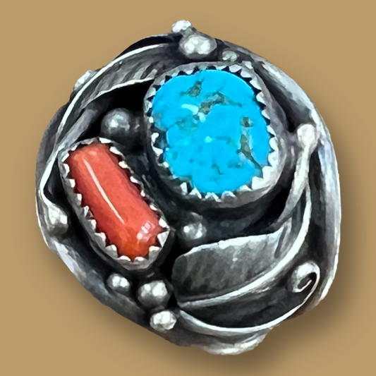 RESALE Large Sterling Silver Ring with Turquoise and Coral by Tommie Secatero