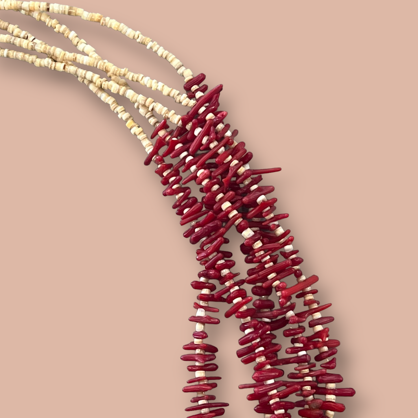 RESALE Five Strand Heishi and Coral Native Necklace with Squaw Wrap