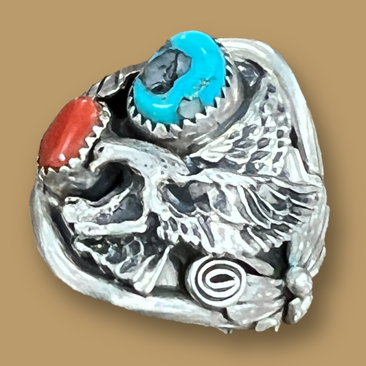 RESALE Large Sterling Silver Eagle Appliqué Ring with Coral and Turquoise