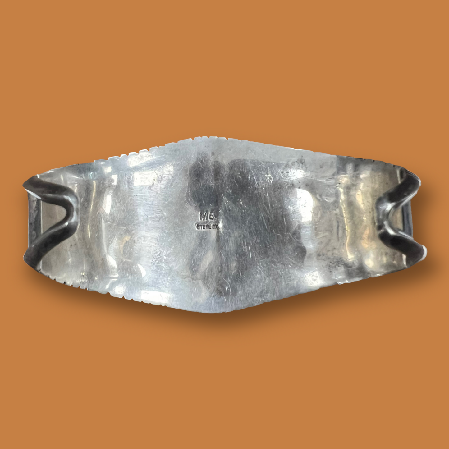 RESALE Large Half Inlay and Half Floral Appliqué Sterling Silver Cuff, Signed MB
