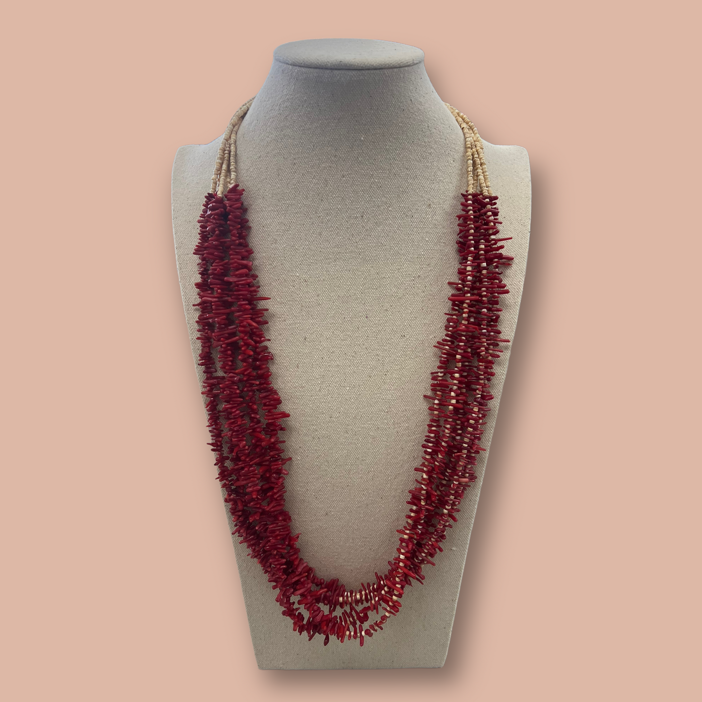 RESALE Five Strand Heishi and Coral Native Necklace with Squaw Wrap