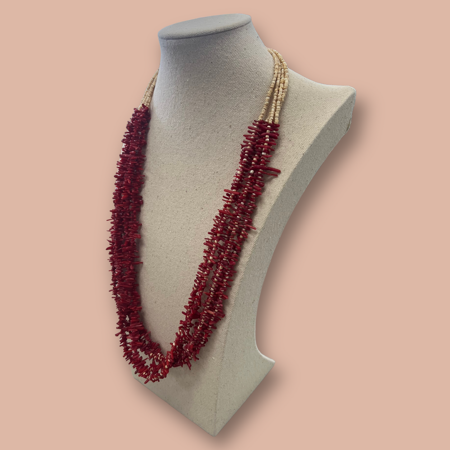 RESALE Five Strand Heishi and Coral Native Necklace with Squaw Wrap