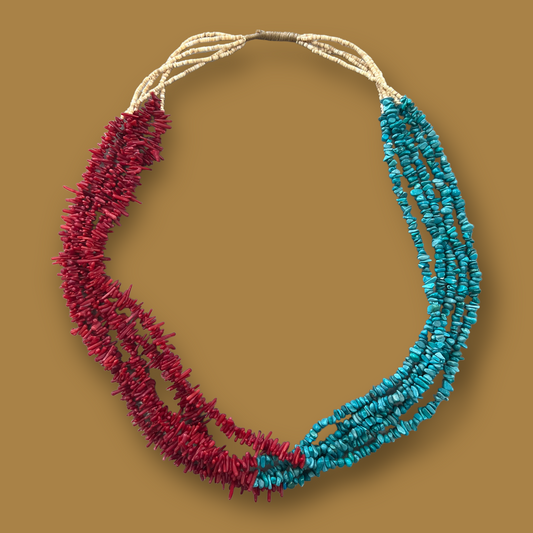 RESALE Five Strand Heishi and Half Coral Half Turquoise Native Necklace with Squaw Wrap