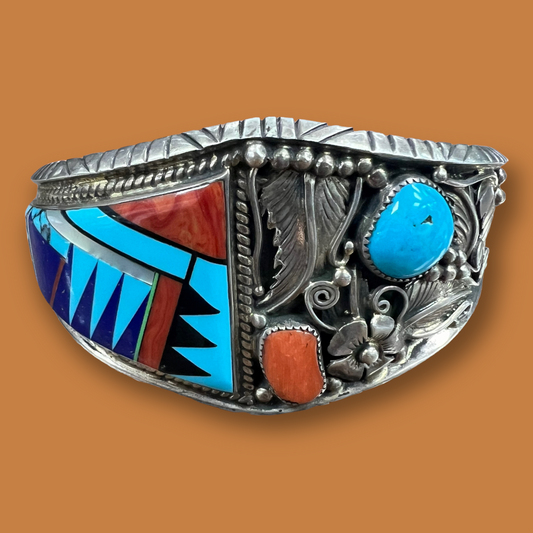 RESALE Large Half Inlay and Half Floral Appliqué Sterling Silver Cuff, Signed MB