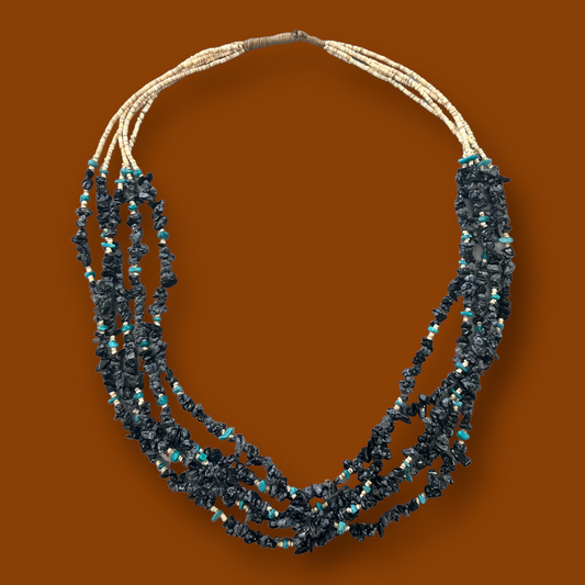 RESALE Five Strand Heishi, Obsidian, and Turquoise Native Necklace with Squaw Wrap